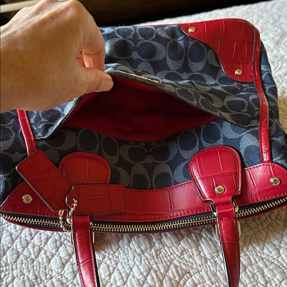 COACH Mickie Satchel in blue denim jacquard with red trim. - Picture 12 of 12